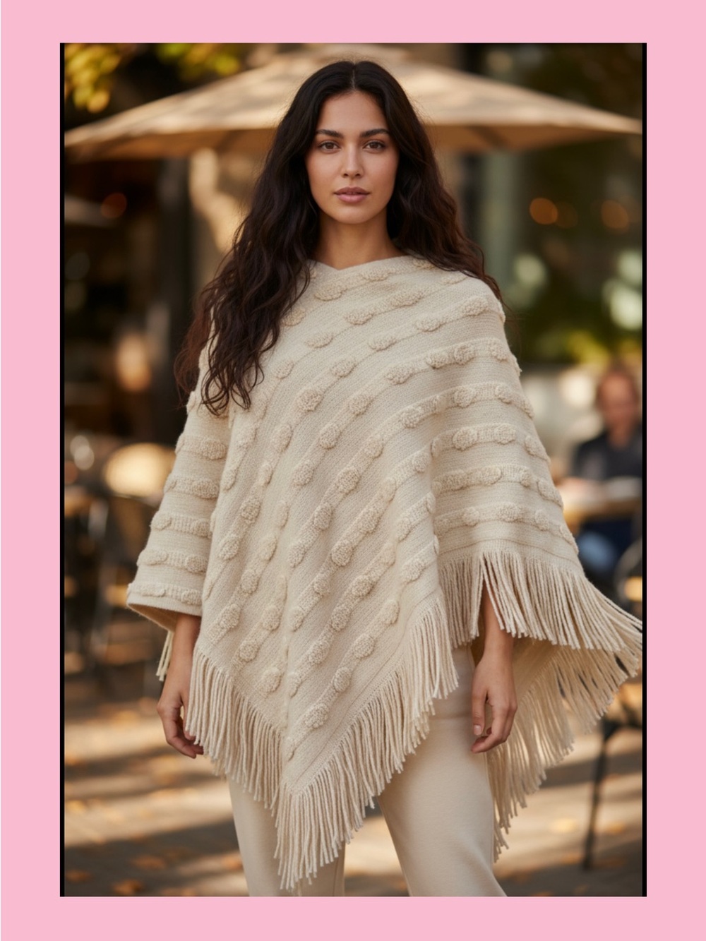 Black Rivet Cream Fringe Knit Poncho